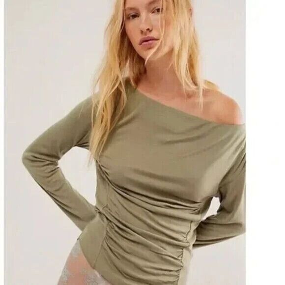 Free People Night We Met Long Sleeve Top Womens Small Green Ribbed Ruched - Picture 1 of 6